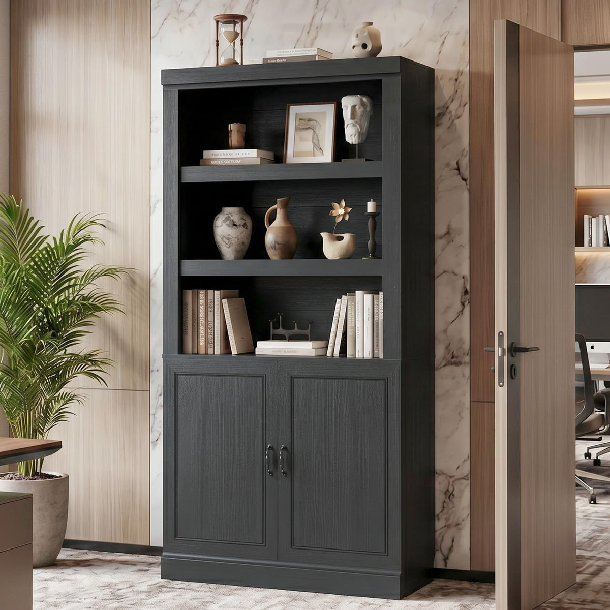 71" Tall Black Bookshelf with Doors and Adjustable Shelves H71513