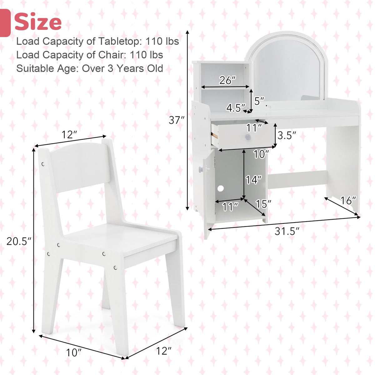 Kids Vanity Table and Chair Set with LED Lighted Mirror J85429