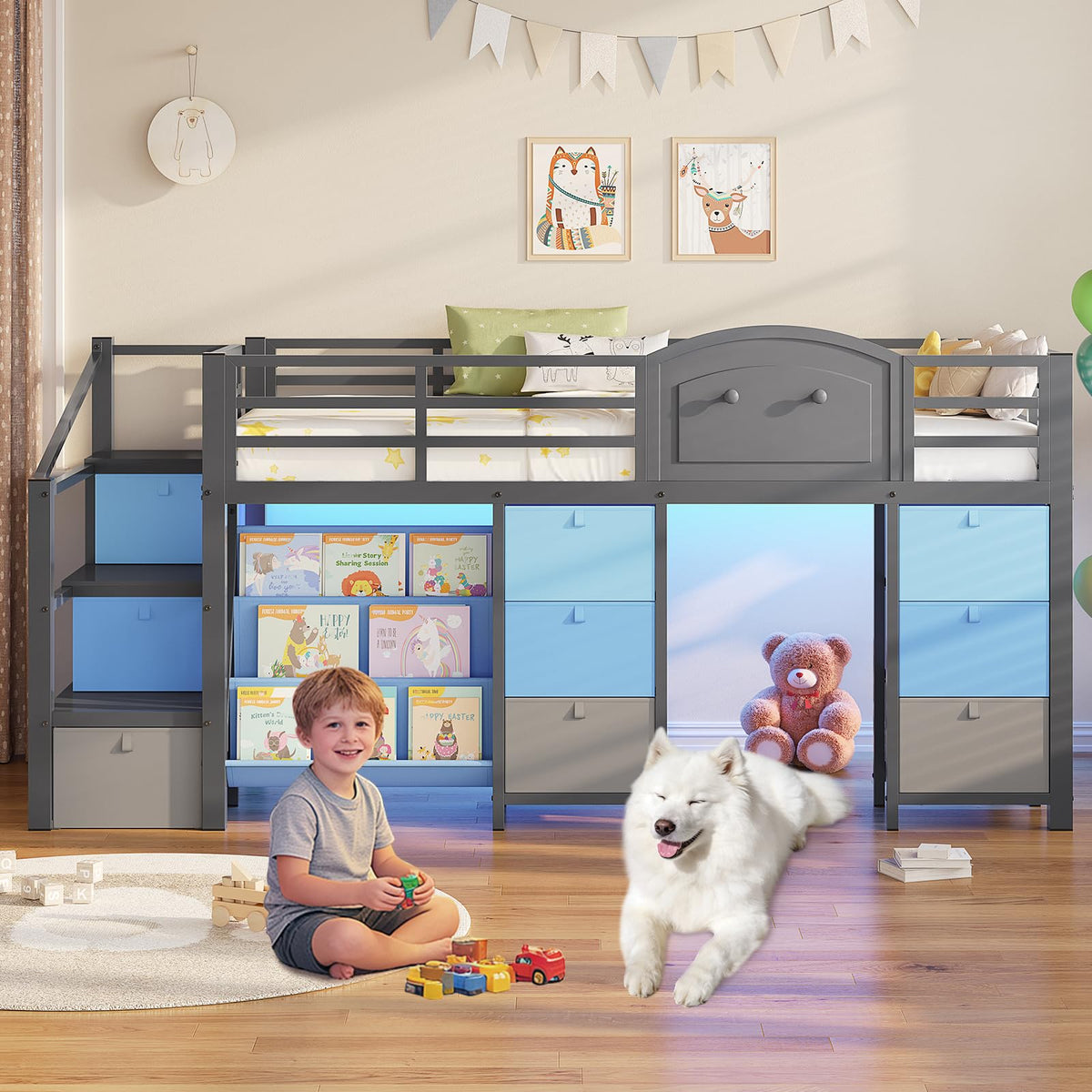 Twin Size Low Loft Bed with 9 Storage Drawers and Staircase H6528