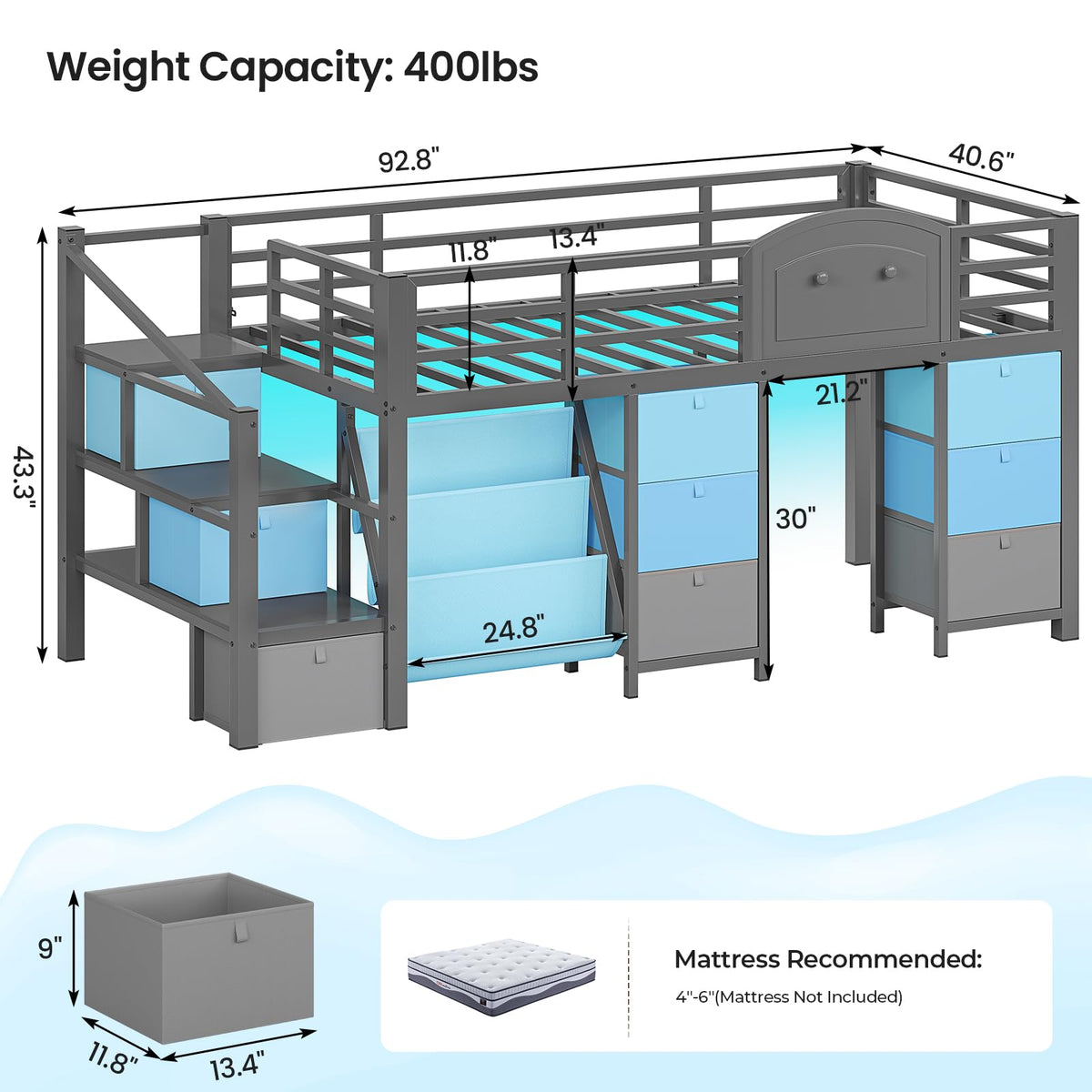 Twin Size Low Loft Bed with 9 Storage Drawers and Staircase H6528