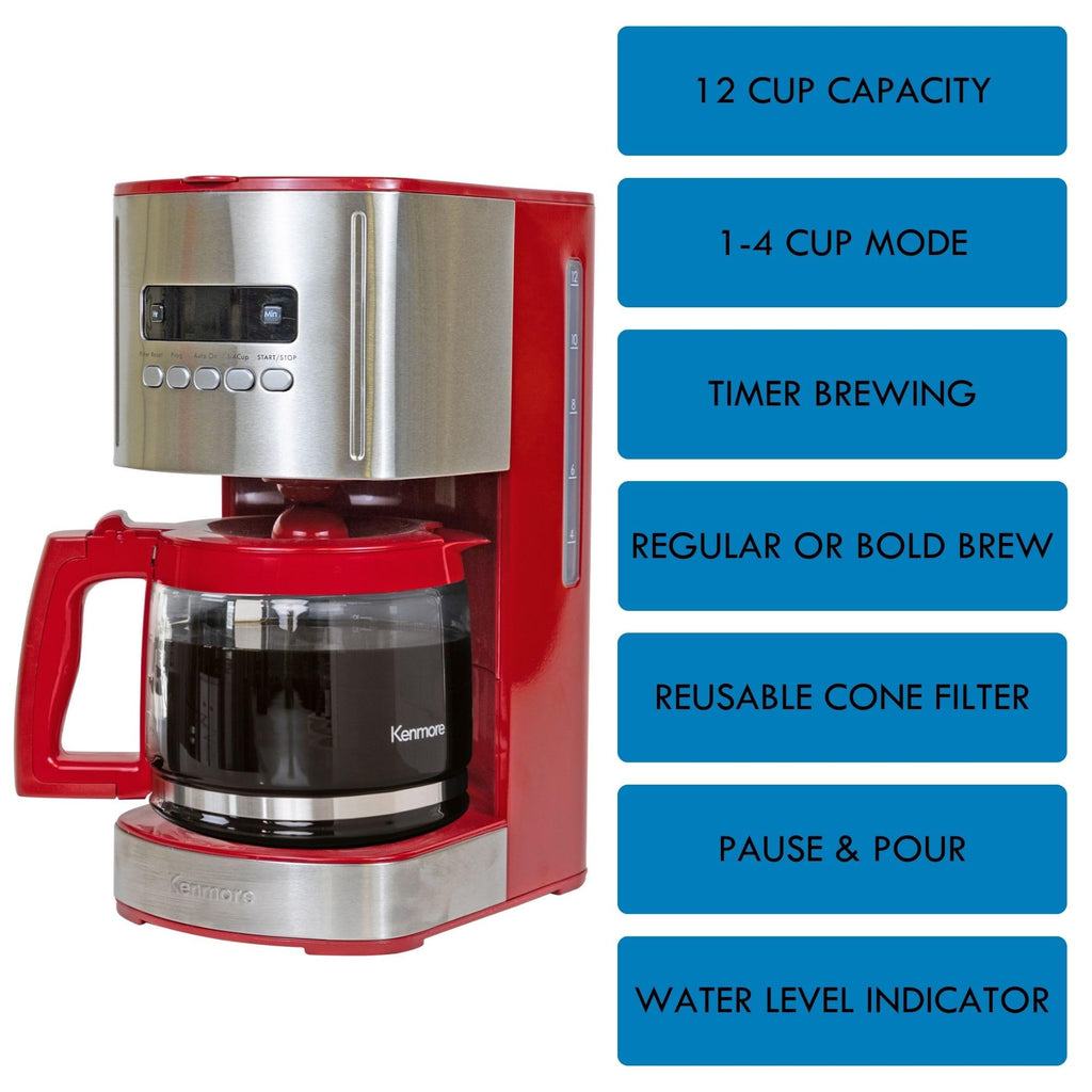 12 Cup Programmable Drip Coffee Maker, Red and Stainless Steel, 12 Pack Charcoal Water Filter G222020