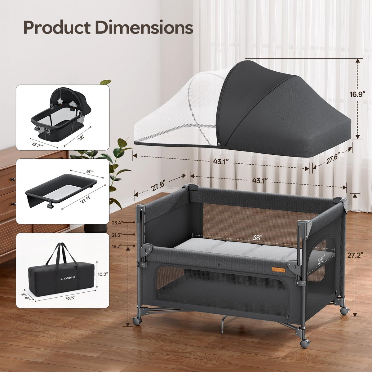 5-in-1 Baby Bassinet Bedside Crib with Changing Table Y9730