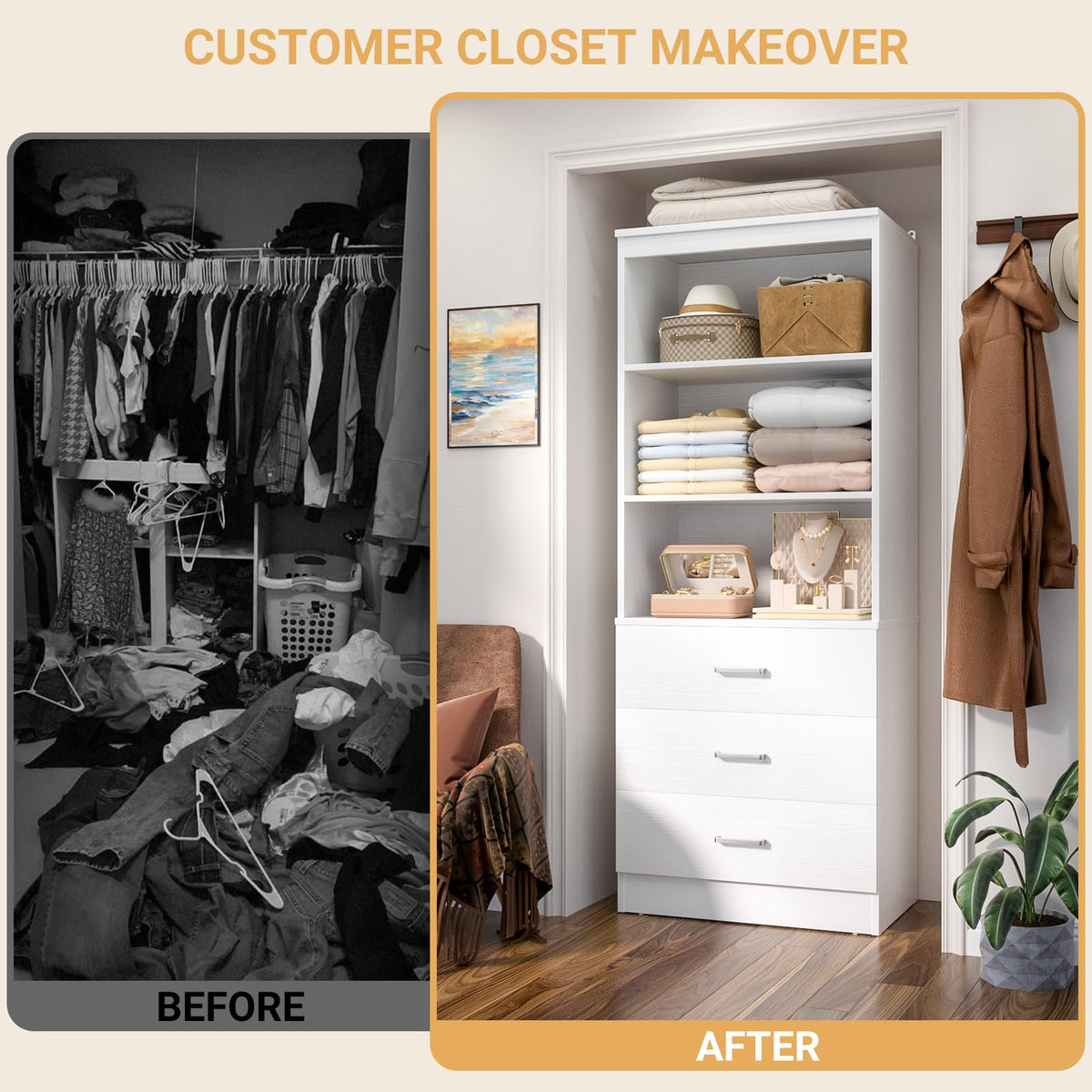 23.6" White Closet Drawers System with 3 Drawers D286705