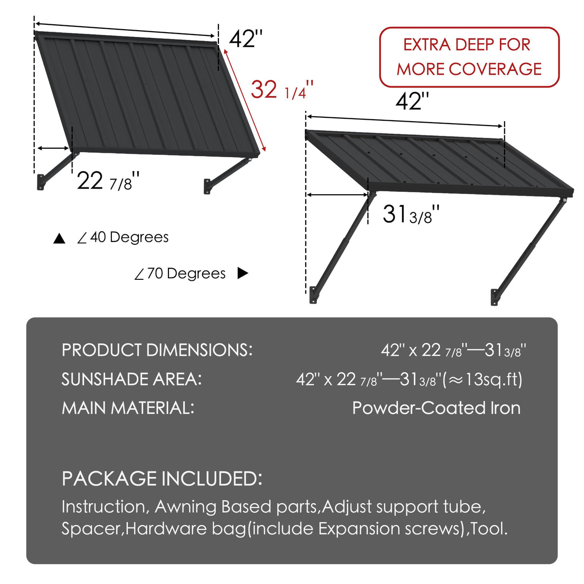 Adjustable Door Window Awning 42"W×32" R3968