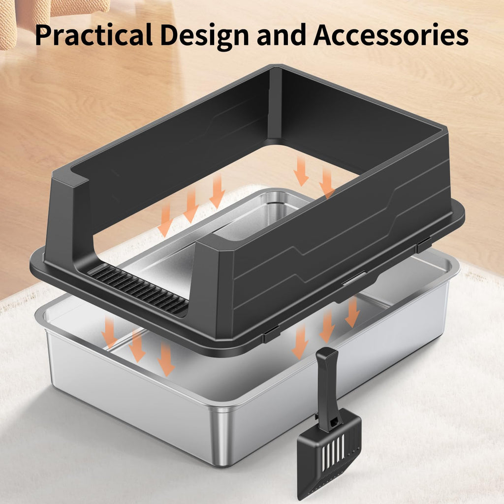 XXXL Stainless Steel Cat Litter Box with High Sides and Scoop Q54575