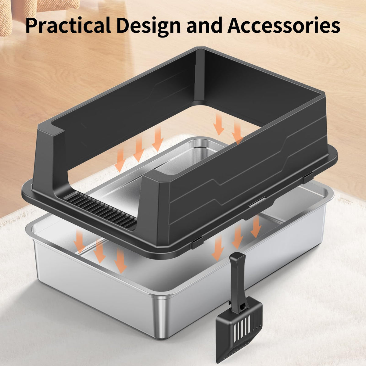 XXXL Stainless Steel Cat Litter Box with High Sides and Scoop Q54575