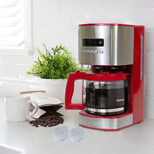 12 Cup Programmable Drip Coffee Maker, Red and Stainless Steel, 12 Pack Charcoal Water Filter G222020