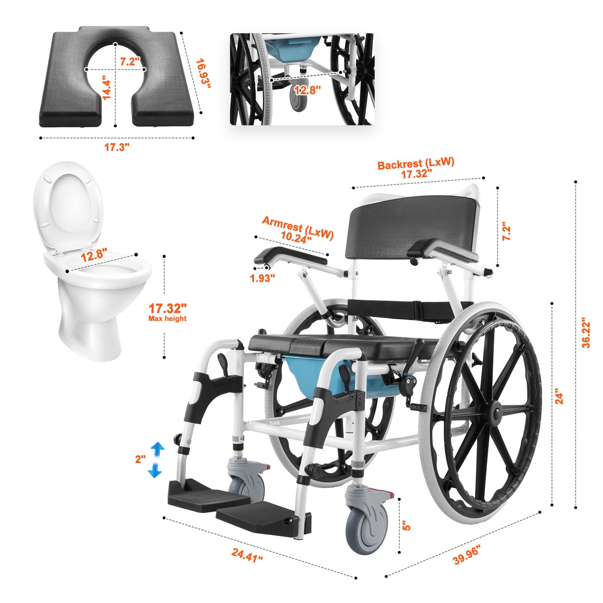 17.5in Adjustable Aluminum Shower Wheelchair with Brake A70011