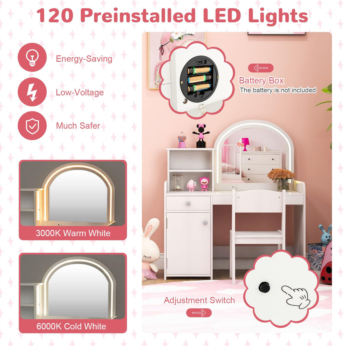 Kids Vanity Table and Chair Set with LED Lighted Mirror J85429
