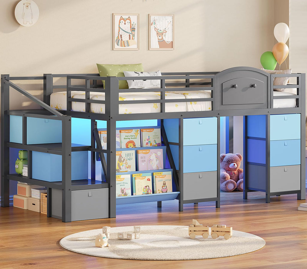 Twin Size Low Loft Bed with 9 Storage Drawers and Staircase H6528