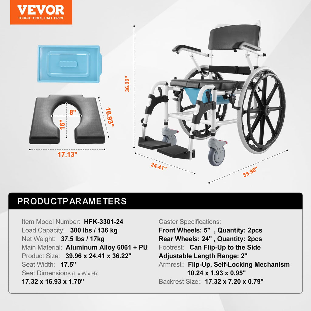 17.5in Adjustable Aluminum Shower Wheelchair with Brake A70011