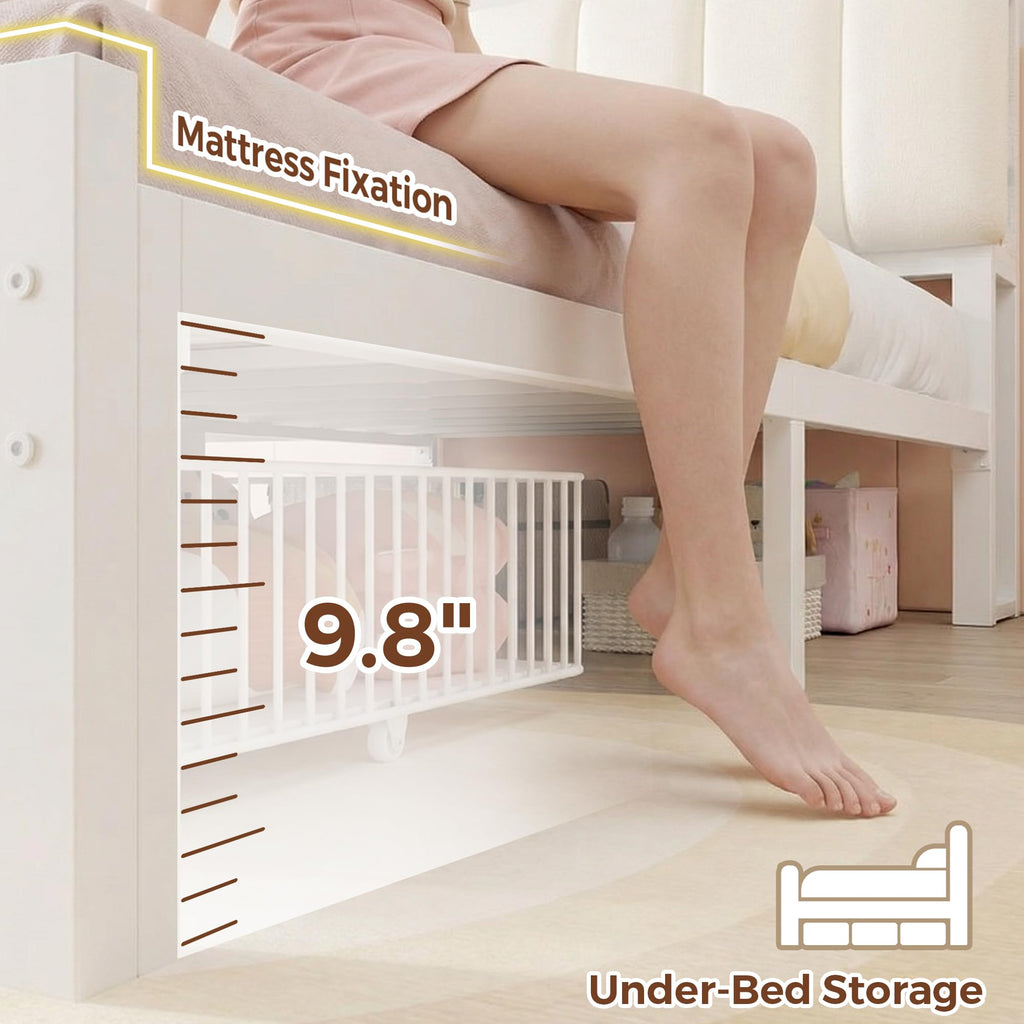 White Upholstered Storage Bed Frame Full Size with Drawers and Charging Station D3648