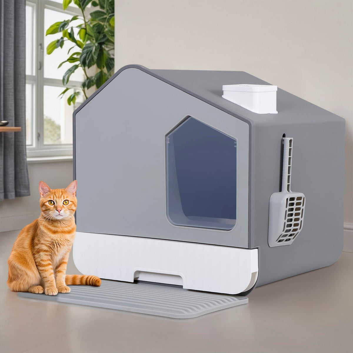 Large Enclosed Hooded Cat Litter Box with Mat & Litter Scoop C147490