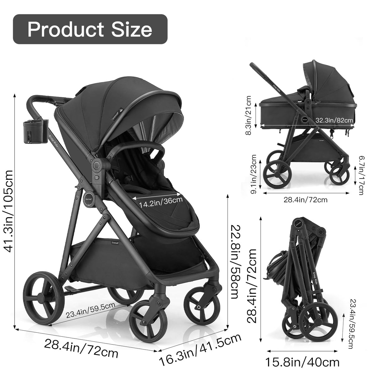 3-in-1 Convertible Baby Stroller with Reversible Seat Black C78592