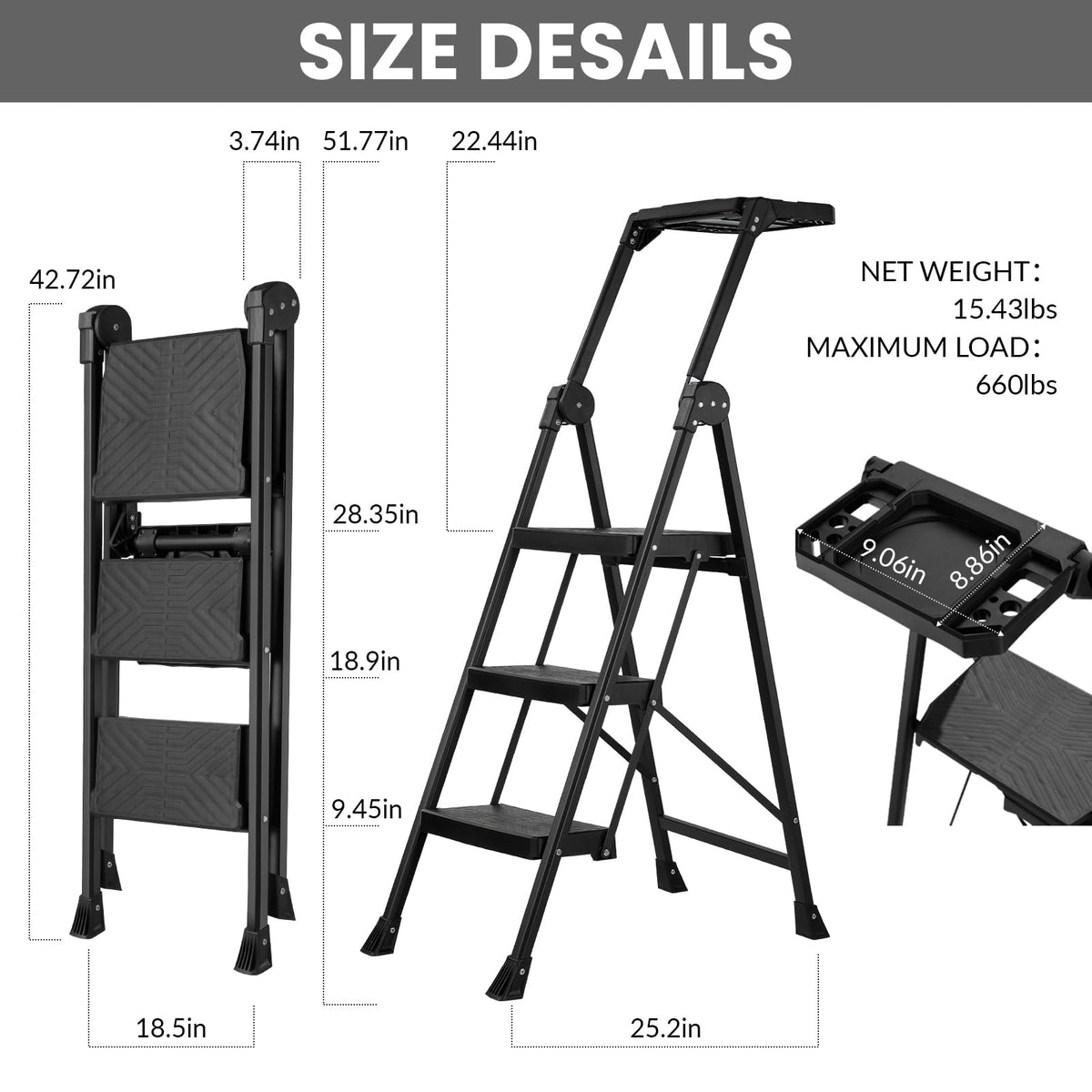 3 Step Steel Stool with Handrail & Tool Tray T6408