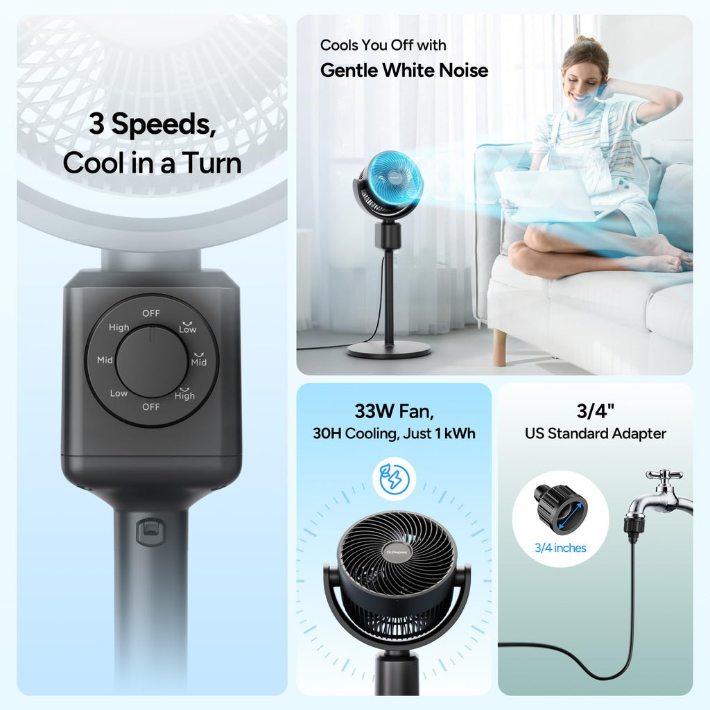 Compact Misting Pedestal Fan with Magnetic Mister, Quiet Air Circulator Standing Fan, 16-34" Adj. Height, 70°Auto-Oscillation, 3 Speeds F5091