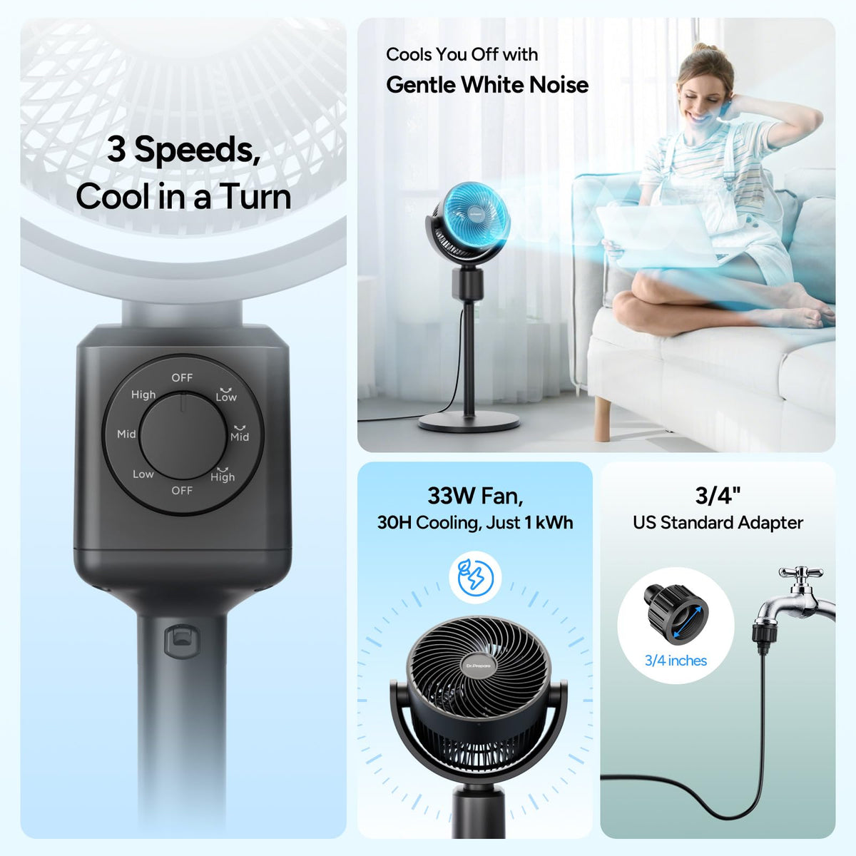 Compact Misting Pedestal Fan with Magnetic Mister, Quiet Air Circulator Standing Fan, 16-34" Adj. Height, 70°Auto-Oscillation, 3 Speeds F5091