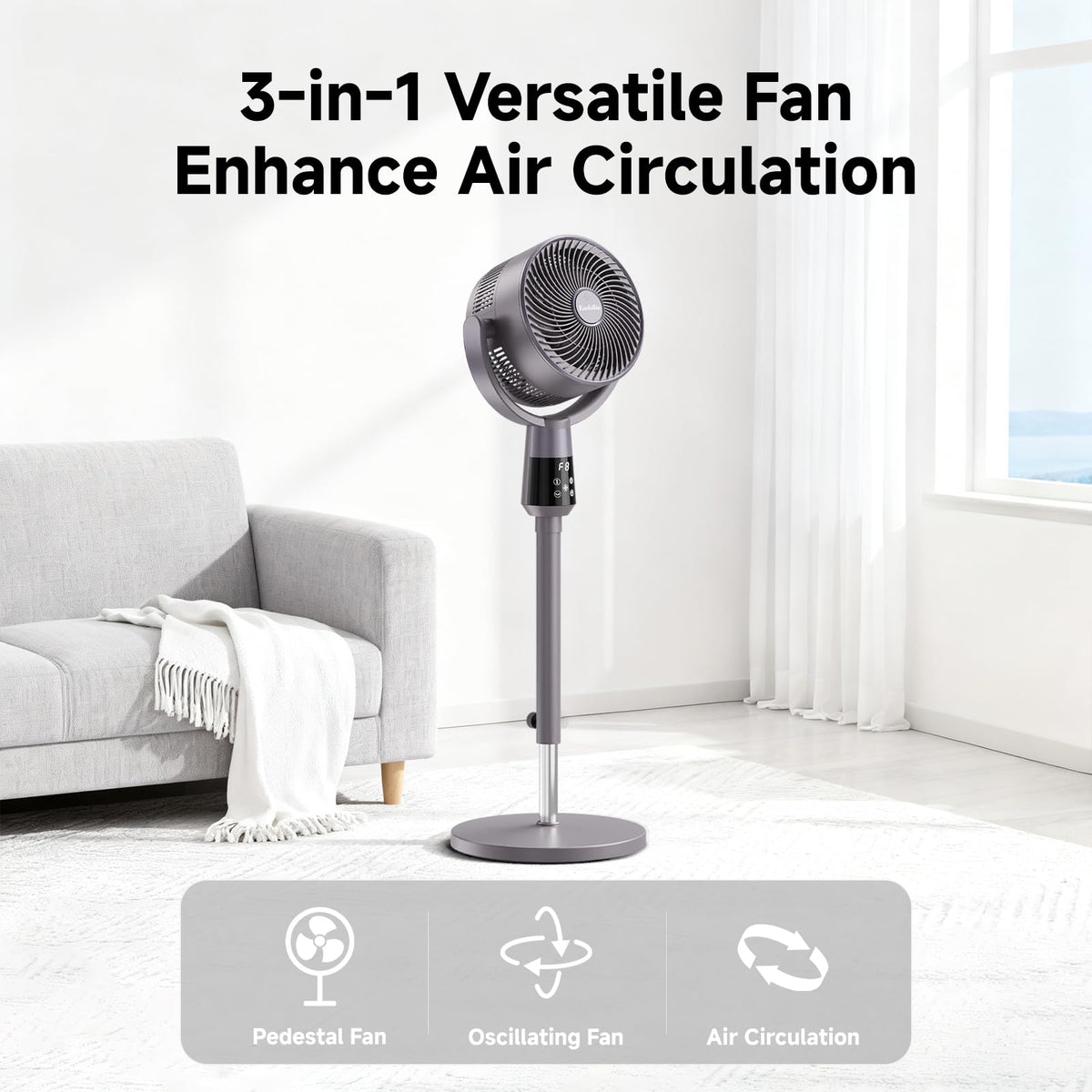 Oscillating Pedestal Fan, 25dB Standing Fan with 8 Speeds, 12H Timer, 36-45'' Adjustable Height, Remote Control Y823449