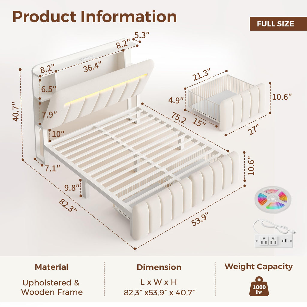 White Upholstered Storage Bed Frame Full Size with Drawers and Charging Station D3648