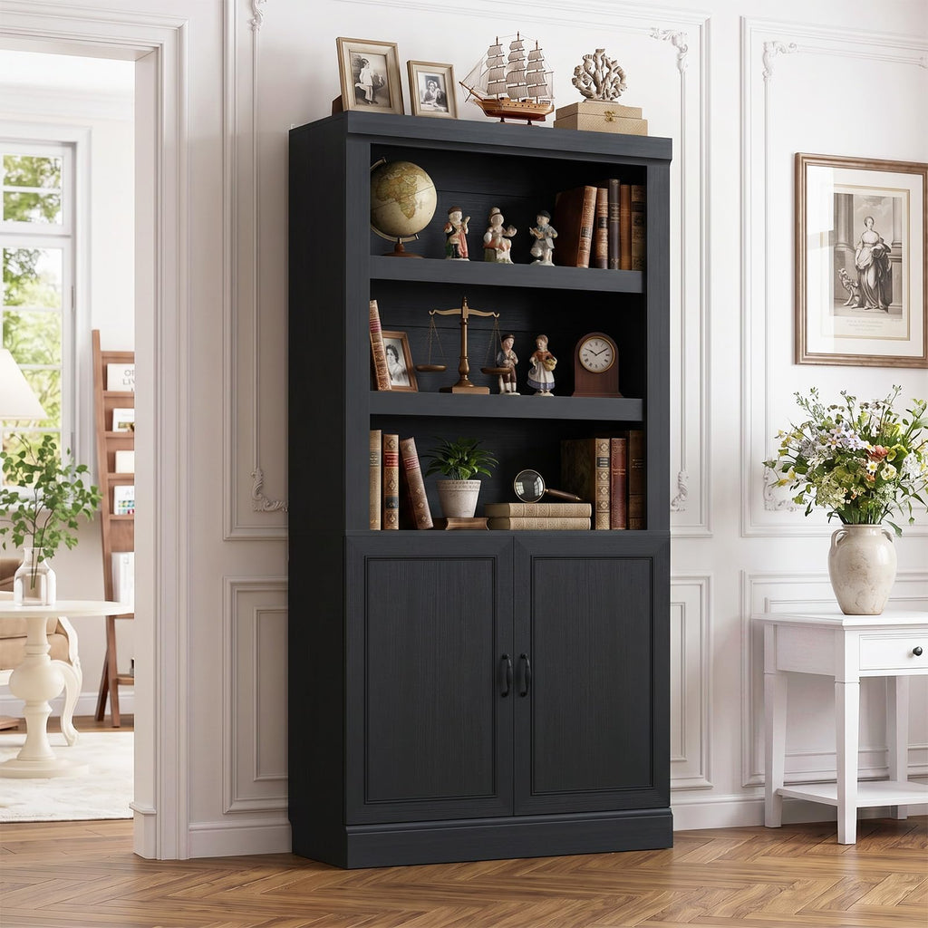 71" Tall Black Bookshelf with Doors and Adjustable Shelves H71513