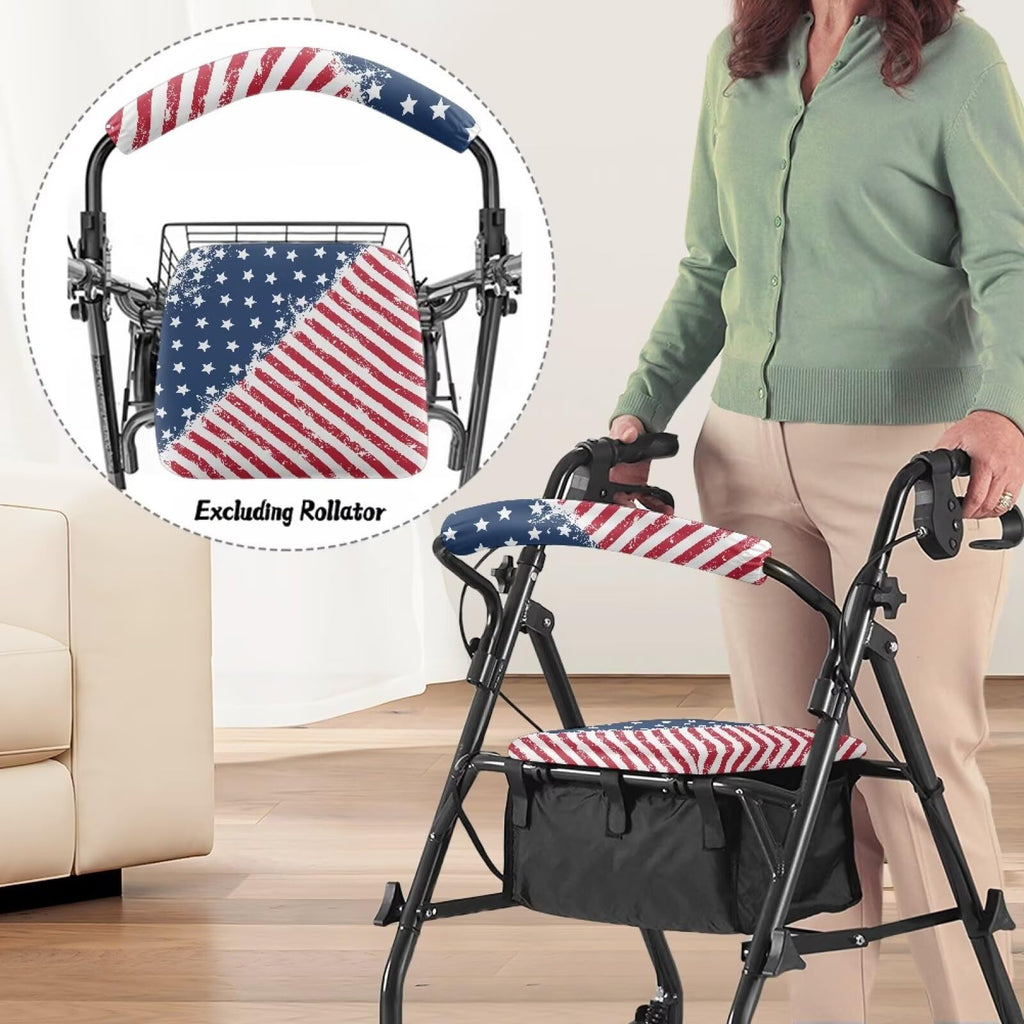 Blue White Star and Red Stripes Rollator Walker Seat and Backrest Covers H16572