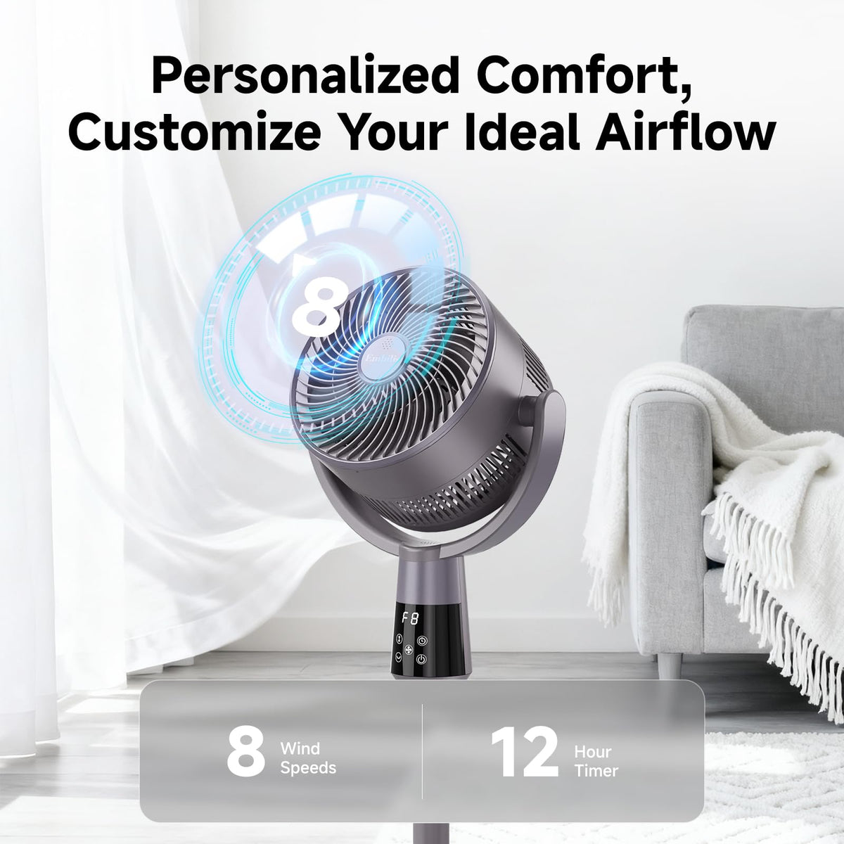 Oscillating Pedestal Fan, 25dB Standing Fan with 8 Speeds, 12H Timer, 36-45'' Adjustable Height, Remote Control Y823449