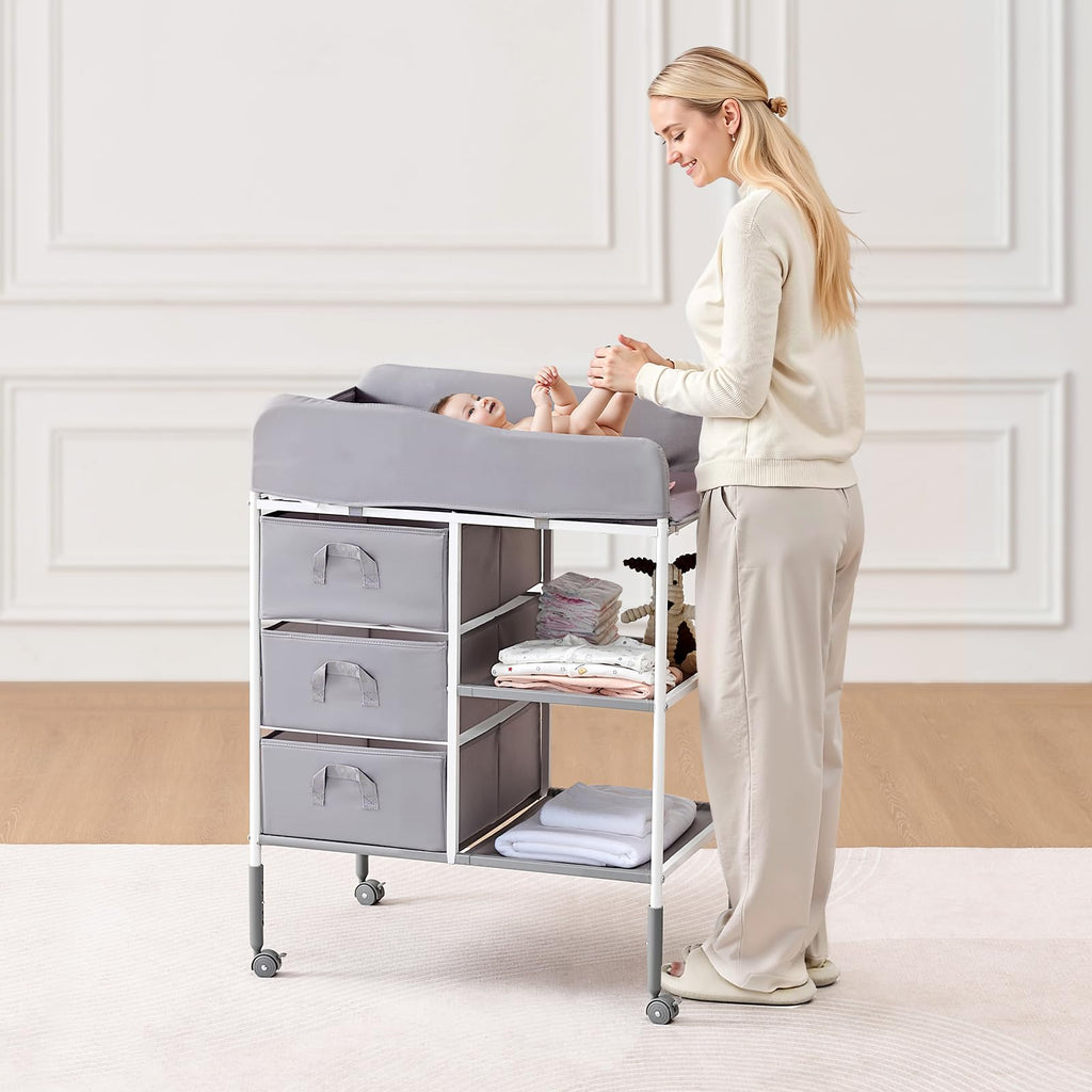 Adjustable Height Baby Changing Table with 3 Fabric Drawers G3429