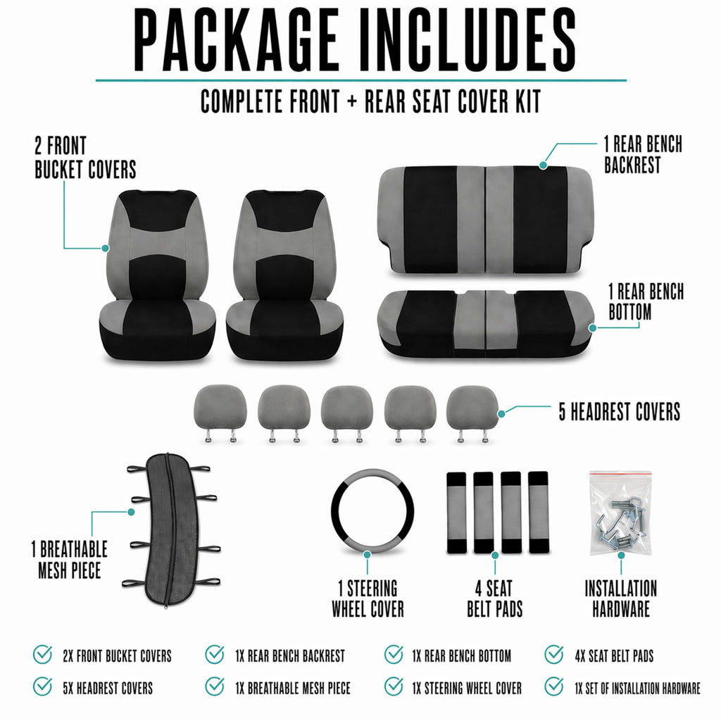 Gray Black Universal Fit Automotive Seat Covers Combo Set with Steering Wheel Cover and Seat Belt Pad I696