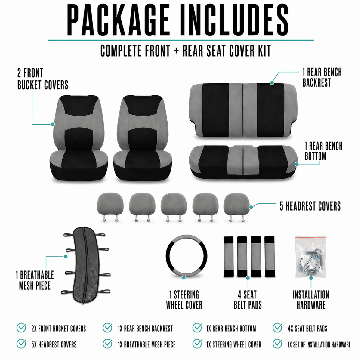 Gray Black Universal Fit Automotive Seat Covers Combo Set with Steering Wheel Cover and Seat Belt Pad I696
