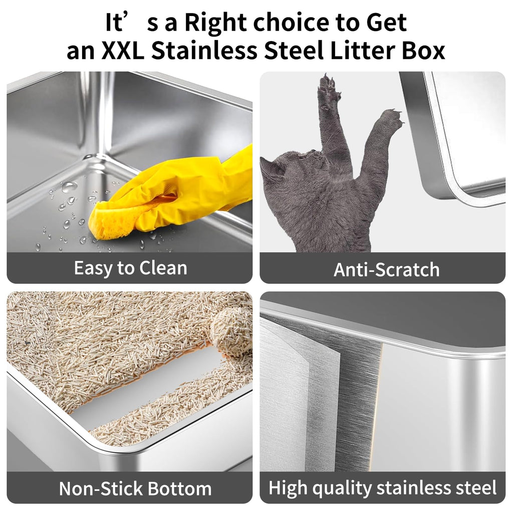 XXXL Stainless Steel Cat Litter Box with High Sides and Scoop Q54575