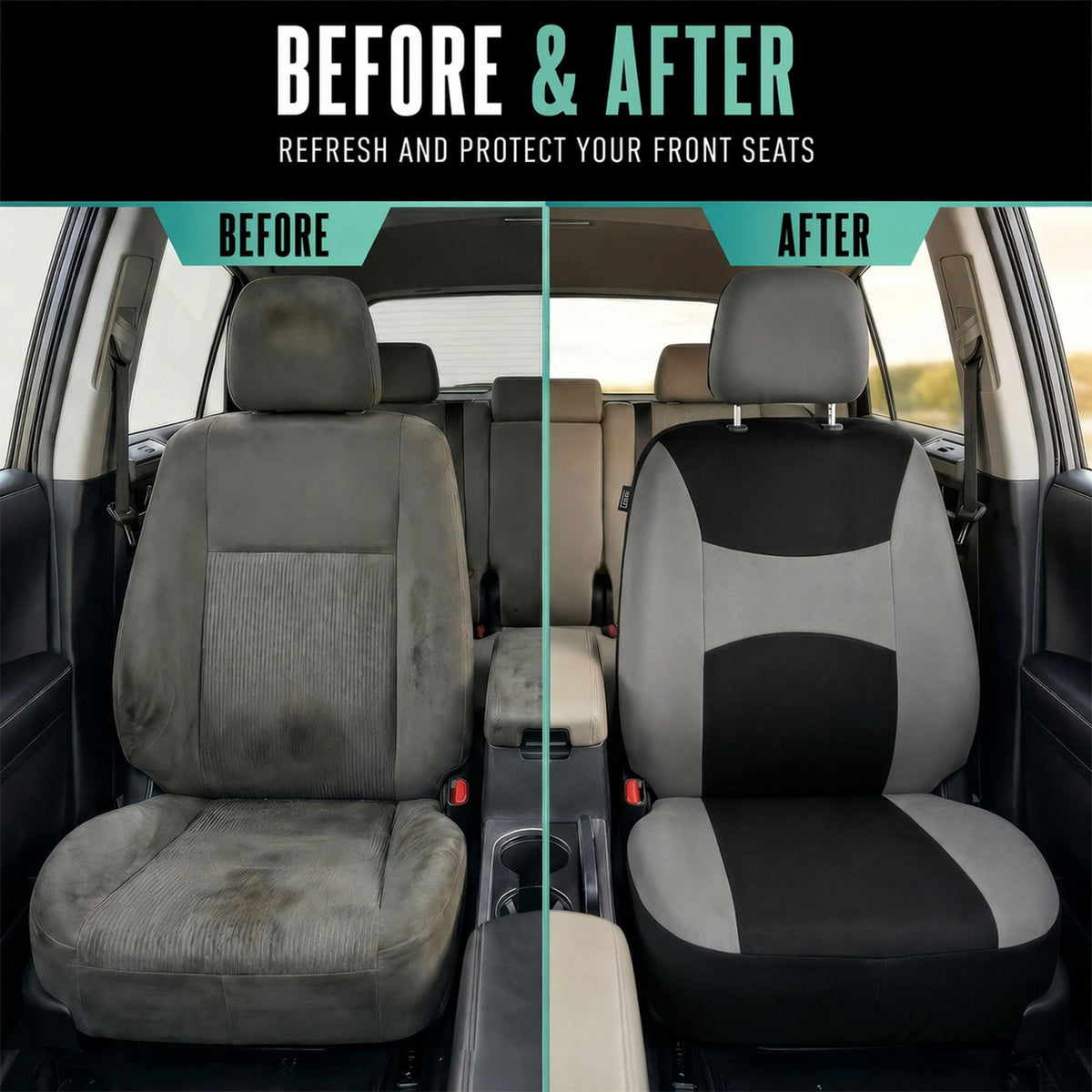 Gray Black Universal Fit Automotive Seat Covers Combo Set with Steering Wheel Cover and Seat Belt Pad I696