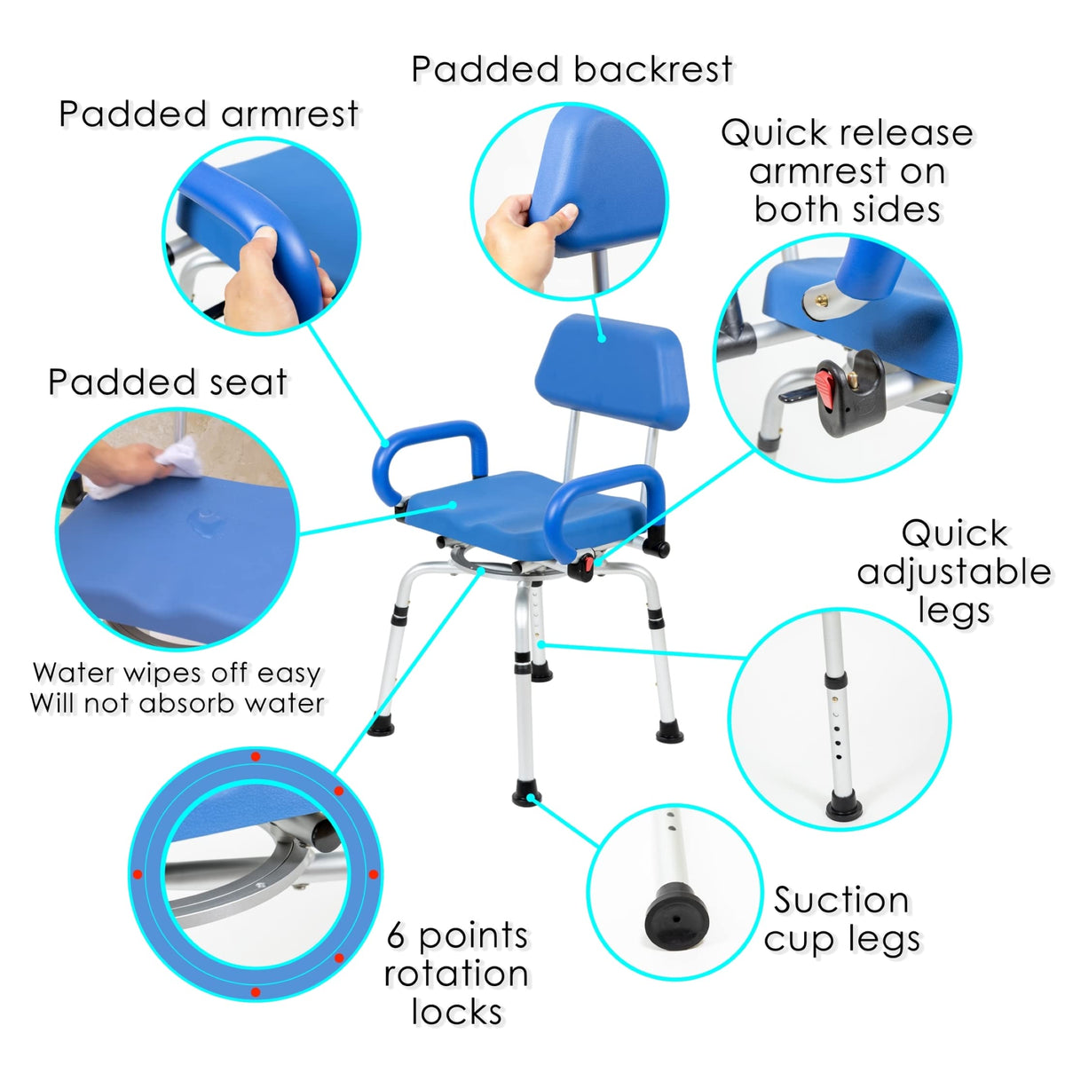 Blue Padded Shower Chair with Back and Arms G924