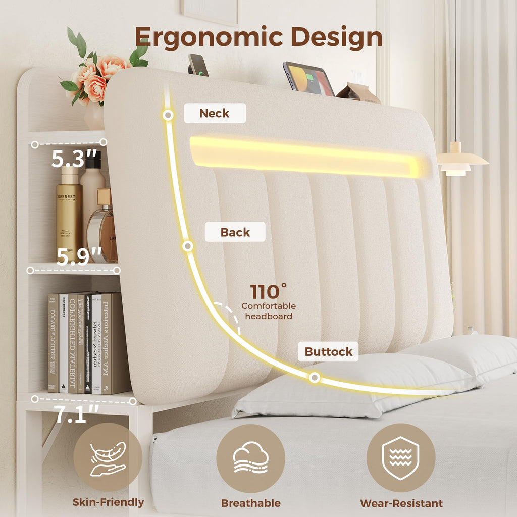 White Upholstered Storage Bed Frame Full Size with Drawers and Charging Station D3648