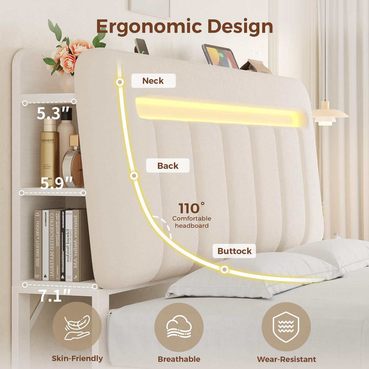 White Upholstered Storage Bed Frame Full Size with Drawers and Charging Station D3648