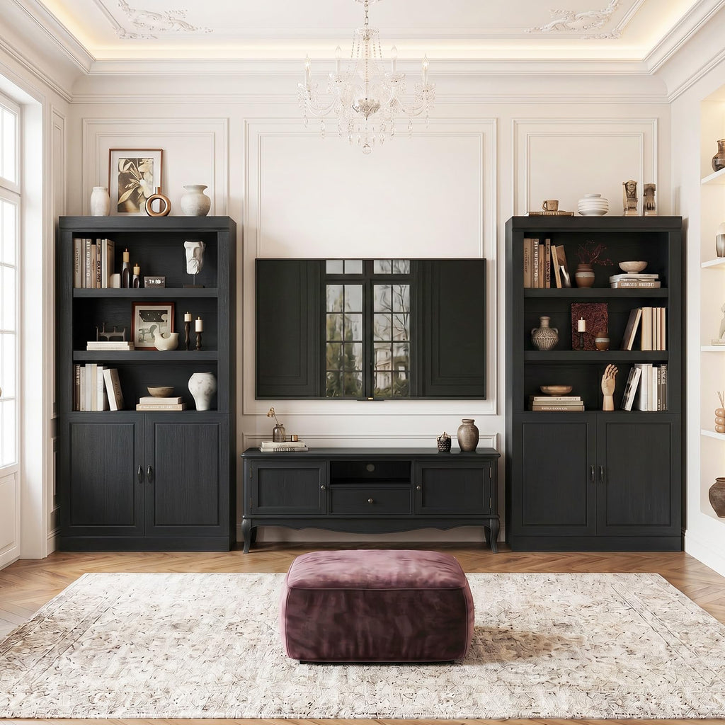 71" Tall Black Bookshelf with Doors and Adjustable Shelves H71513
