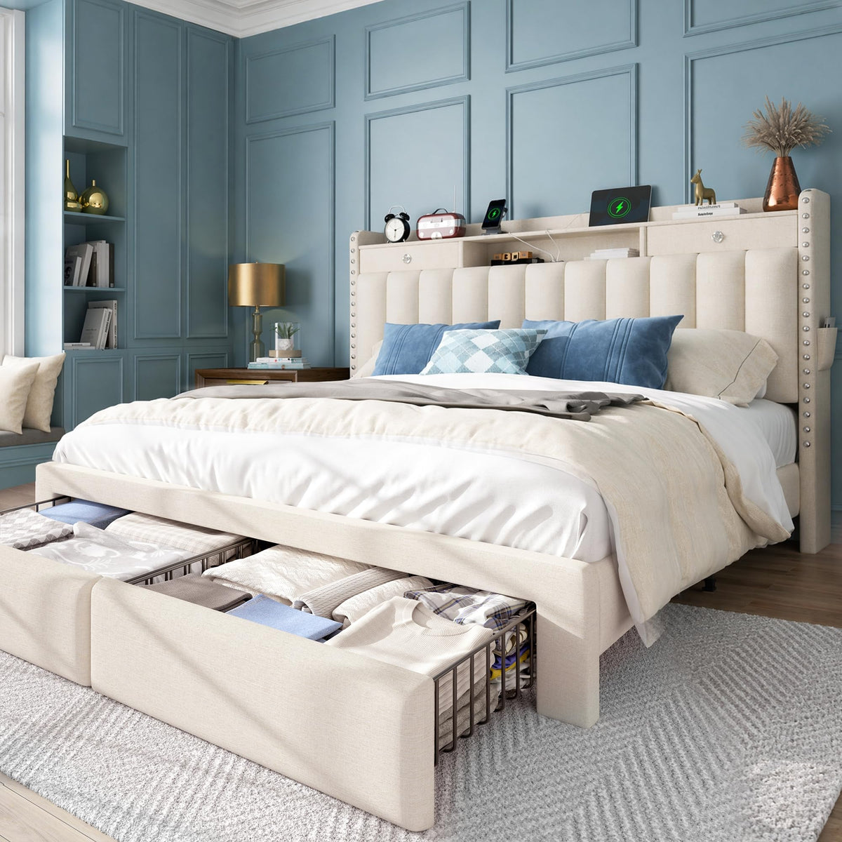 Queen Bed Frame with Storage Headboard & 4 Drawers W10285