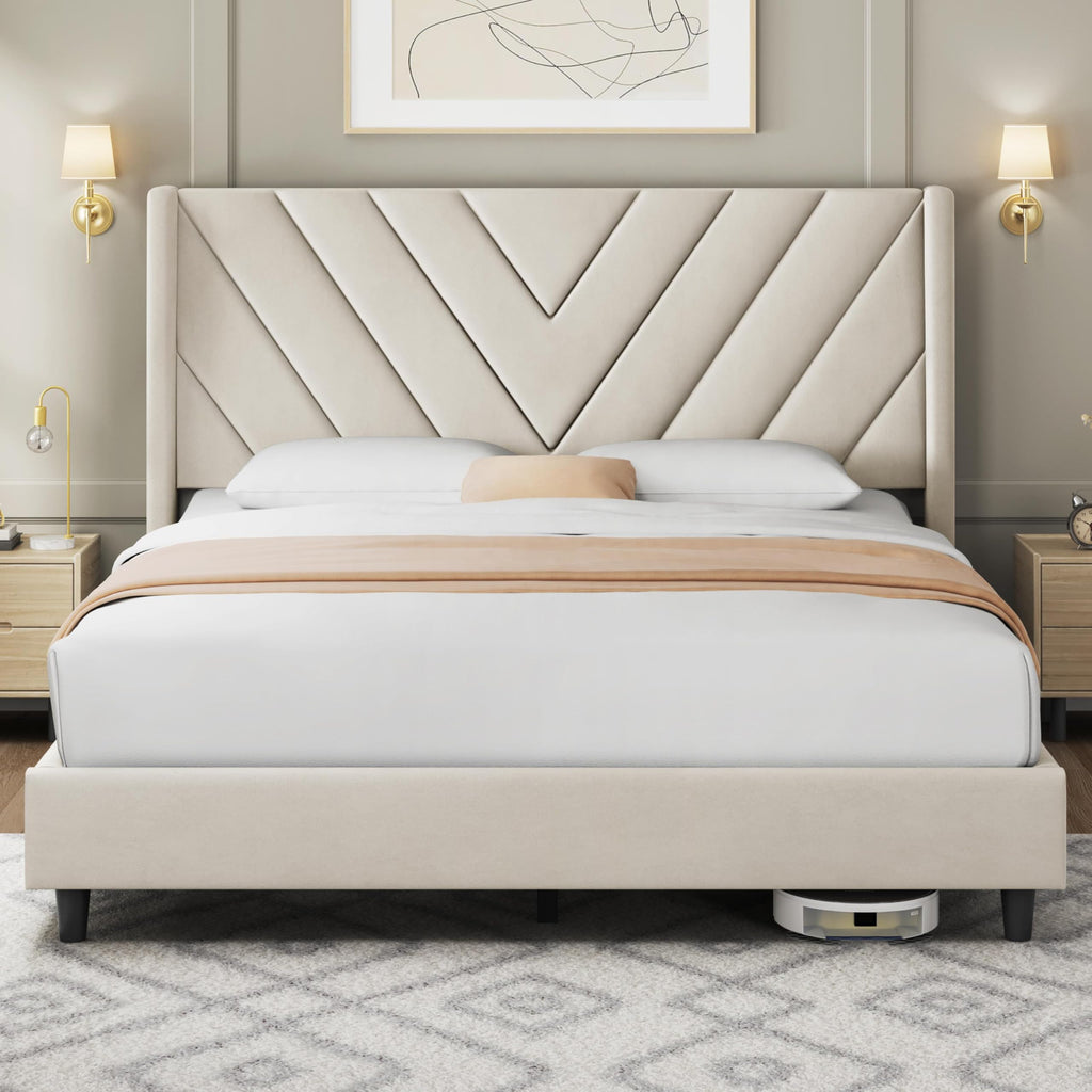 Queen Bed Frame with Tufted Headboard, Beige P229