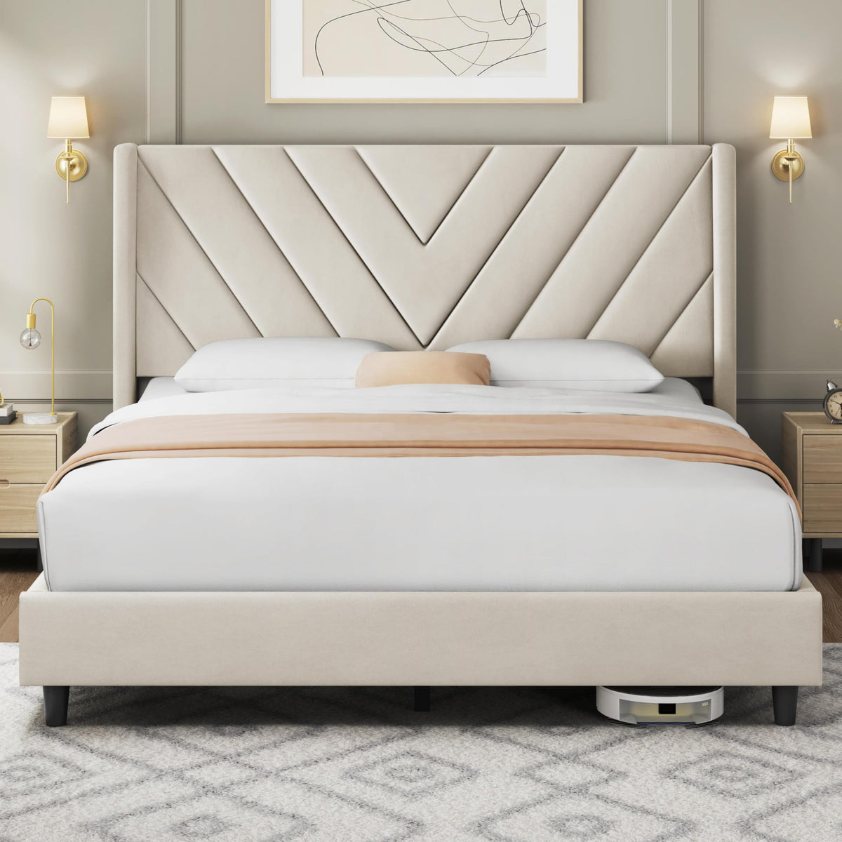 Queen Bed Frame with Tufted Headboard, Beige P229