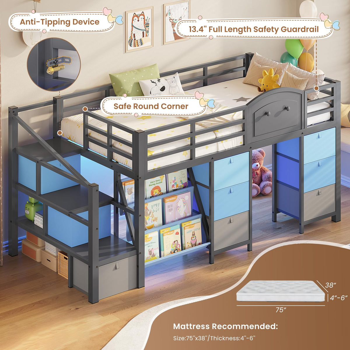 Twin Size Low Loft Bed with 9 Storage Drawers and Staircase H6528