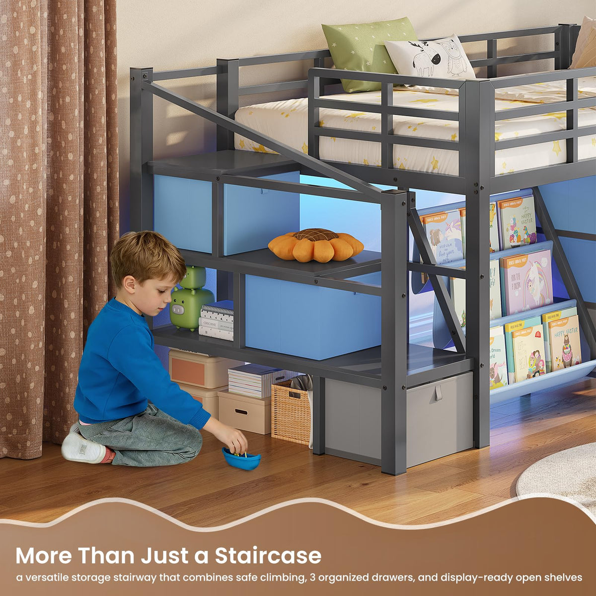 Twin Size Low Loft Bed with 9 Storage Drawers and Staircase H6528