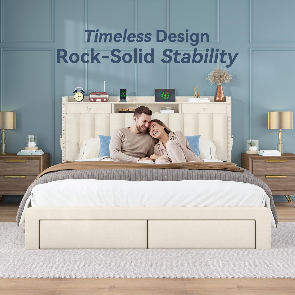 Queen Bed Frame with Storage Headboard & 4 Drawers W10285