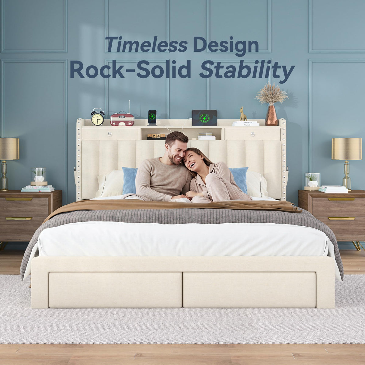 Queen Bed Frame with Storage Headboard & 4 Drawers W10285