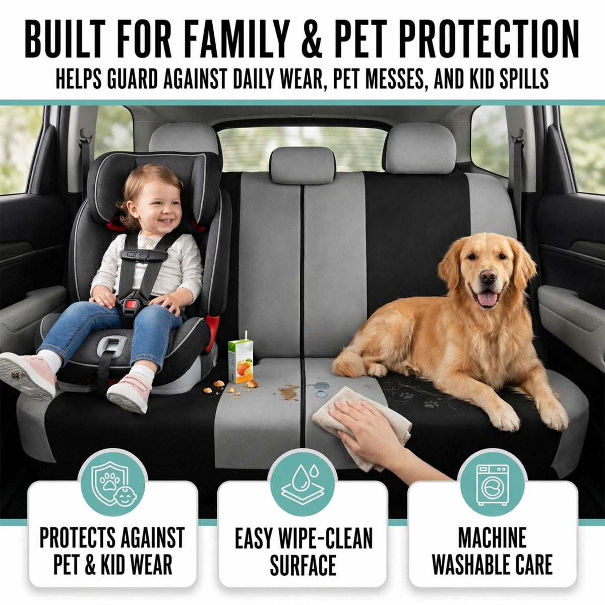 Gray Black Universal Fit Automotive Seat Covers Combo Set with Steering Wheel Cover and Seat Belt Pad I696