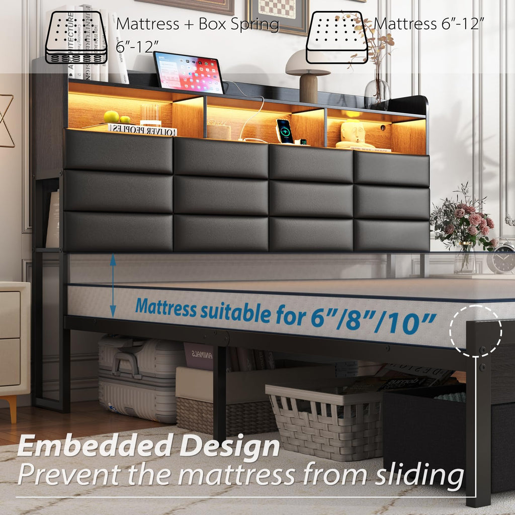 Black Upholstered Bed Frame with Storage Headboard, 4 Drawers, LED Lights, and Charging Station G4857
