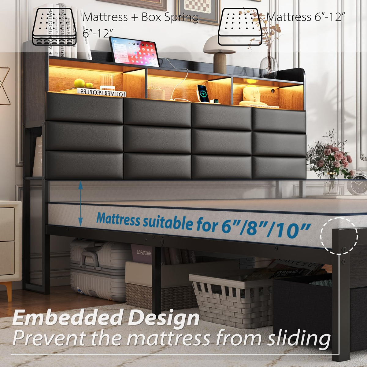 Black Upholstered Bed Frame with Storage Headboard, 4 Drawers, LED Lights, and Charging Station G4857