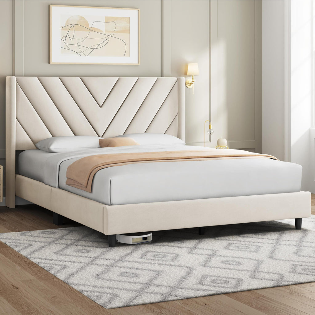 Queen Bed Frame with Tufted Headboard, Beige P229