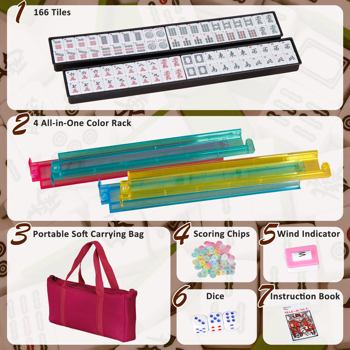 166 Tiles Mahjong Tile Set with Racks and Carrying Bag S95685