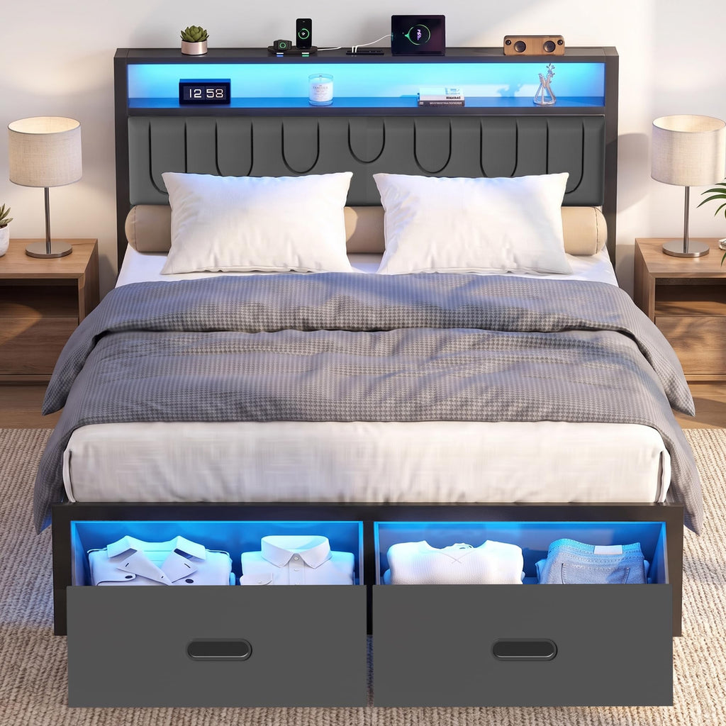 Full Bed Frame with 2 Drawers, LED Lights and Charging Station L20225