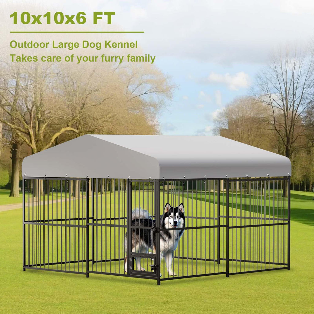 10x10ft Outdoor Dog Kennel with Feeding Door & 2 Bowls H792