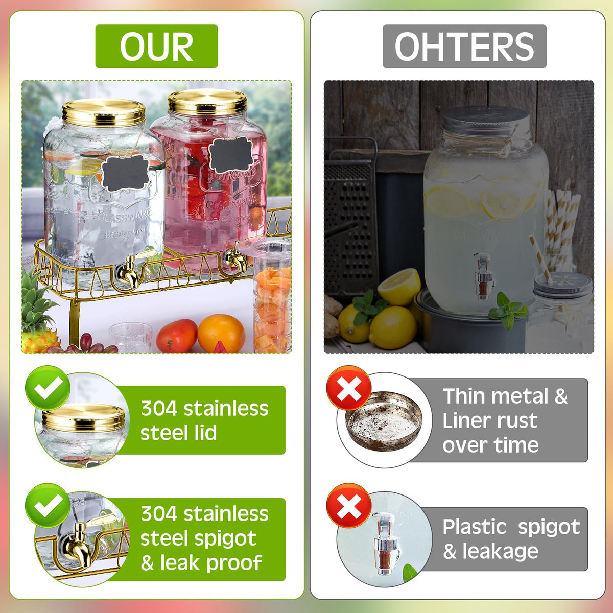 3 Pcs 2 Gallon Glass Drink Dispenser with Stand and Lid O45817